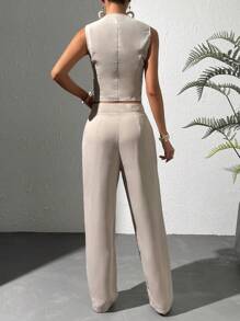 Chiquease Solid Button Front Vest Blazer & Wide Leg Trousers - Apricot - View 2