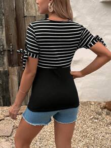 SHEIN 孕婦條紋印花打結袖口哺乳T恤