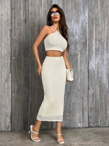 SHEIN Privé Bộ đồ hai mảnh nữ Buộc lại màu trơn Giải trí - Màu be - Xem 5