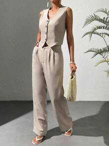 Chiquease Solid Button Front Vest Blazer & Wide Leg Trousers - Apricot - View 4