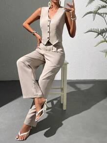 Chiquease Solid Button Front Vest Blazer & Wide Leg Trousers - Apricot - View 5