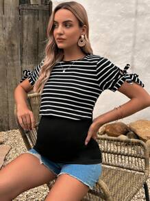 SHEIN 孕婦條紋印花打結袖口哺乳T恤