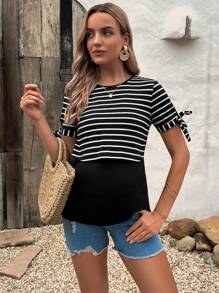 SHEIN 孕婦條紋印花打結袖口哺乳T恤