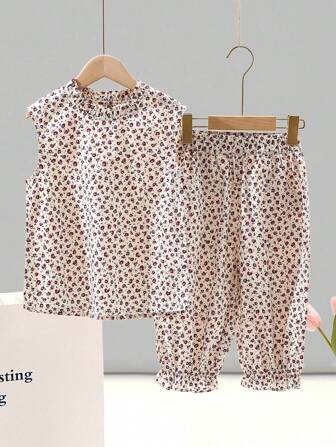 Teen Girls Ditsy Floral Print Frill Trim Top & Pants Set