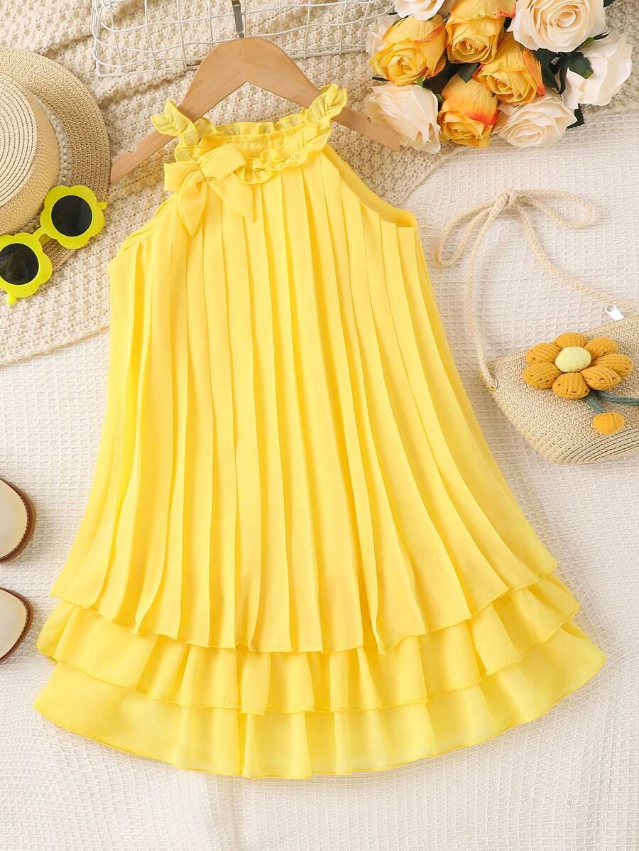 SHEIN Elladie kids Young Girl Pleated Elegant Party Princess Dress Summer Holiday - Yellow - View 1