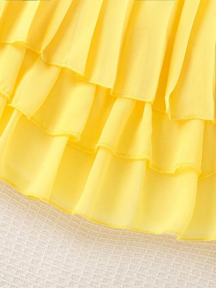 SHEIN Elladie kids Vestido De Princesa Elegante Y Plisado Para Niña Joven, Ideal Para Fiestas - Amarillo - Añade 4