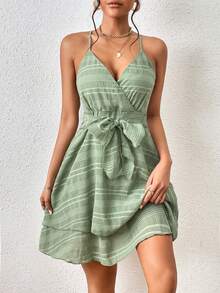 SHEIN VCAY Đầm Lộ Lưng Hội Chữ thập phân lớp Trọn gói màu trơn Gợi cảm - Màu xanh Bạc hà - Xem 3