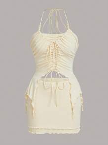 SHEIN ICON 前抽繩掛脖上衣和木耳邊半身裙 - 米色 - 查看 1