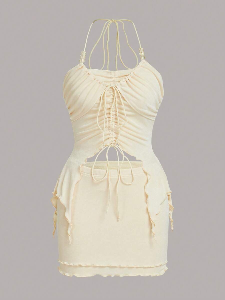 SHEIN ICON 前抽繩掛脖上衣和木耳邊半身裙 - 米色 - 查看 1