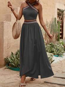 SHEIN VCAY Contrast Tape Crop Top & Split Thigh Skirt - Light Grey - View 3
