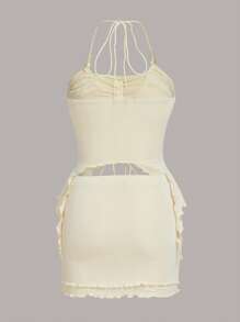 SHEIN ICON 前抽繩掛脖上衣和木耳邊半身裙 - 米色 - 查看 2