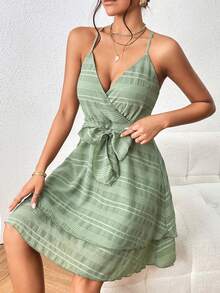 SHEIN VCAY Đầm Lộ Lưng Hội Chữ thập phân lớp Trọn gói màu trơn Gợi cảm - Màu xanh Bạc hà - Xem 5