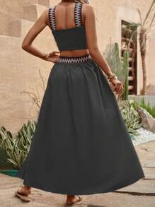 SHEIN VCAY Contrast Tape Crop Top & Split Thigh Skirt - Light Grey - View 4