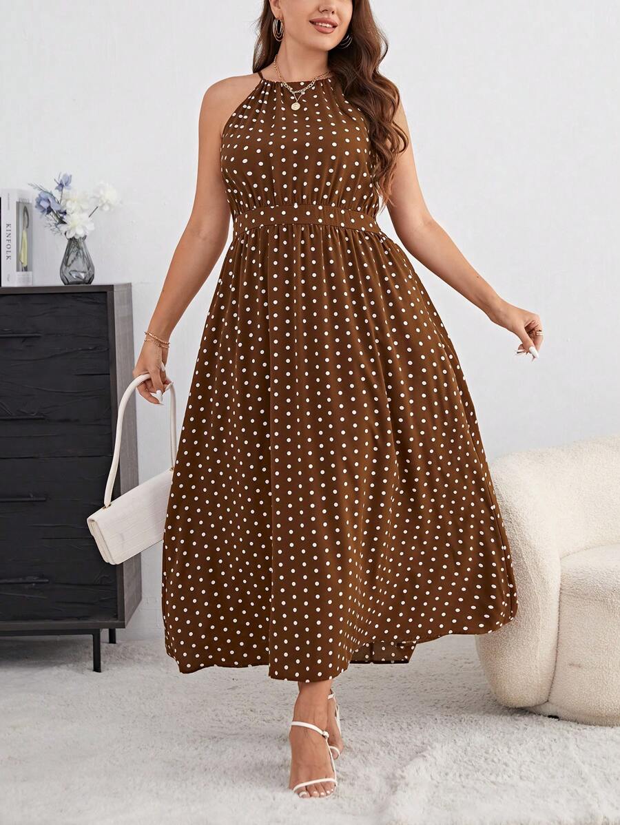 SHEIN Privé Plus Polka Dot Print Halter Neck Dress - Brown - View 1