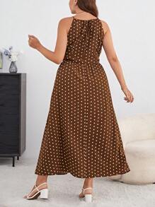 SHEIN Privé Plus Polka Dot Print Halter Neck Dress - Brown - View 2