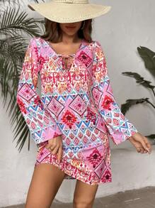 SHEIN Áo che Nữ Thắt nơ trước Hình học - Hồng - Xem 4