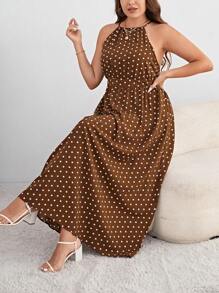 SHEIN Privé Plus Polka Dot Print Halter Neck Dress - Brown - View 6