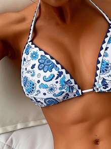 SHEIN Swim Summer Beach Floral Print Halter Triangle Bikini Top - Blue and White - View 3