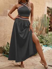 SHEIN VCAY Contrast Tape Crop Top & Split Thigh Skirt - Light Grey - View 5