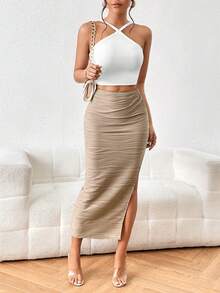 SHEIN Privé Falda unicolor de muslo con abertura