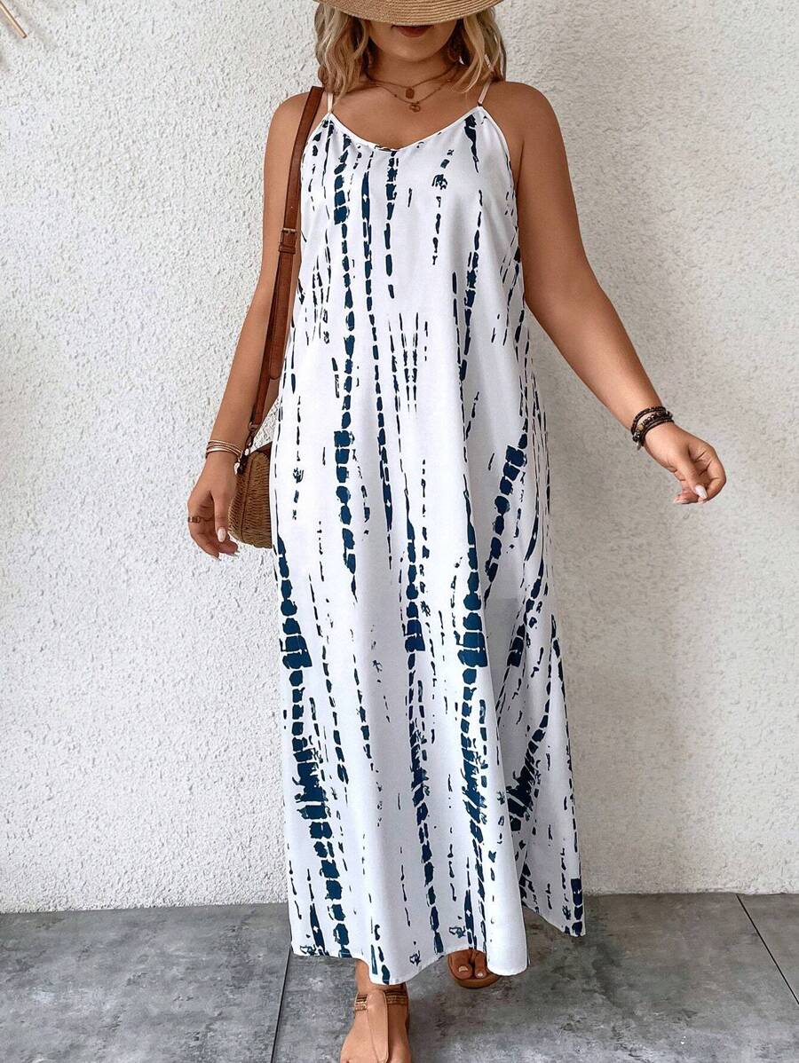 SHEIN LUNE Plus Tie Dye Cami Dress - Blue and White - View 1