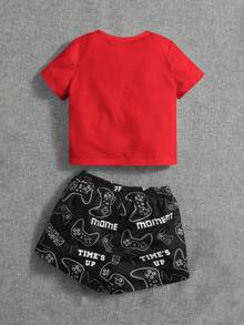 SHEIN Leap Crew Đứa bé trai In Gamepad Áo thun & Đồ họa Chữ cái Quần short - Đỏ - Xem 2