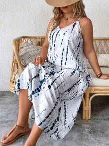 SHEIN LUNE Plus Tie Dye Cami Dress - Blue and White - View 3