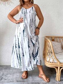 SHEIN LUNE Plus Tie Dye Cami Dress - Blue and White - View 4