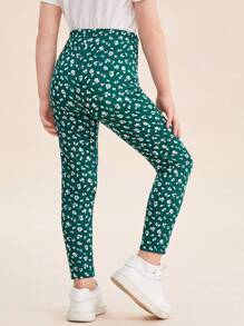 SHEIN Leggings con estampado de flores diminutas para niña joven, en color verde