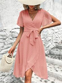 SHEIN VCAY 圓點蝴蝶袖圍裹下擺繫腰帶洋裝 - 珊瑚粉 - 查看 3