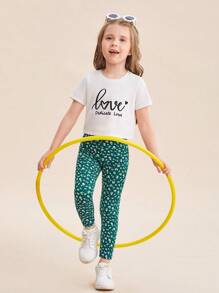 SHEIN Leggings con estampado de flores diminutas para niña joven, en color verde