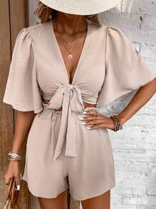 SHEIN LUNE Bộ đồ hai mảnh nữ Cắt ra Thắt nơ trước màu trơn Giải trí - Màu be - Xem 1