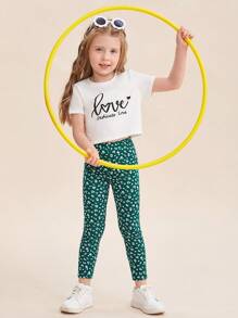 SHEIN Leggings con estampado de flores diminutas para niña joven, en color verde