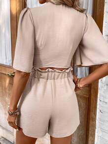 SHEIN LUNE Bộ đồ hai mảnh nữ Cắt ra Thắt nơ trước màu trơn Giải trí - Màu be - Xem 2