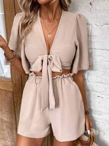 SHEIN LUNE Bộ đồ hai mảnh nữ Cắt ra Thắt nơ trước màu trơn Giải trí - Màu be - Xem 3