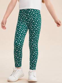 SHEIN Leggings con estampado de flores diminutas para niña joven, en color verde