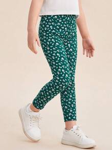 SHEIN Leggings con estampado de flores diminutas para niña joven, en color verde