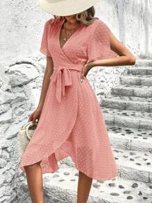SHEIN VCAY 圓點蝴蝶袖圍裹下擺繫腰帶洋裝 - 珊瑚粉 - 查看 7
