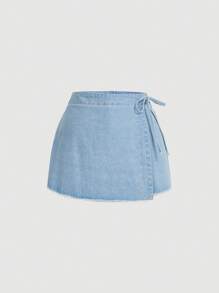 SHEIN MOD Plus Knot Side Wrap Denim Skort - Light Wash - View 1