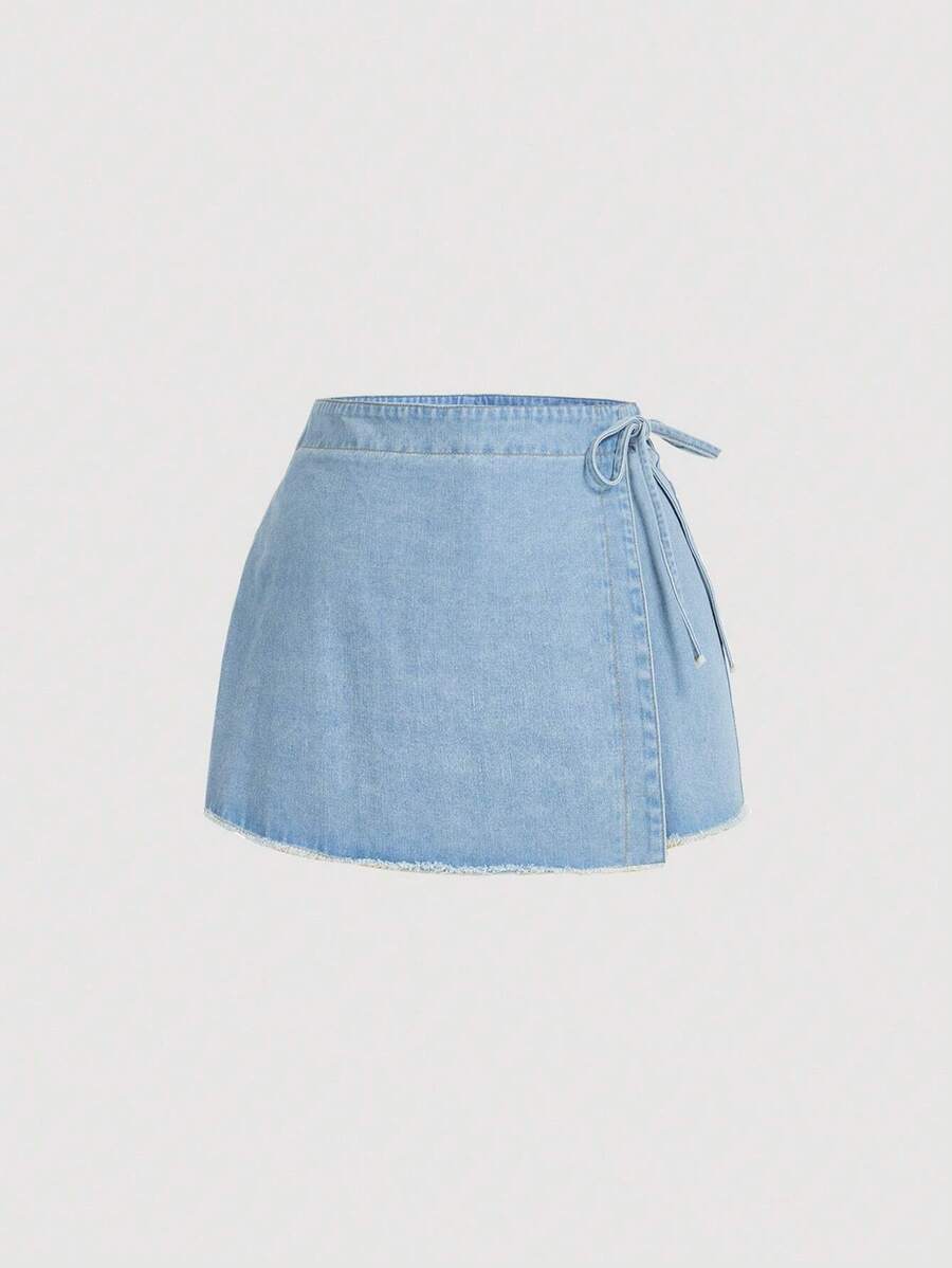 SHEIN MOD Plus Knot Side Wrap Denim Skort - Light Wash - View 1