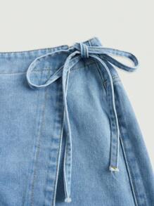 SHEIN MOD Plus Knot Side Wrap Denim Skort - Light Wash - View 4