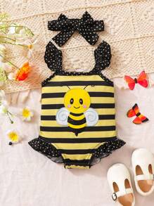 SHEIN Bebé Body disfraz de abeja & con estampado de rayas ribete con fruncido con banda cabeza - Multicolor - Ver 1