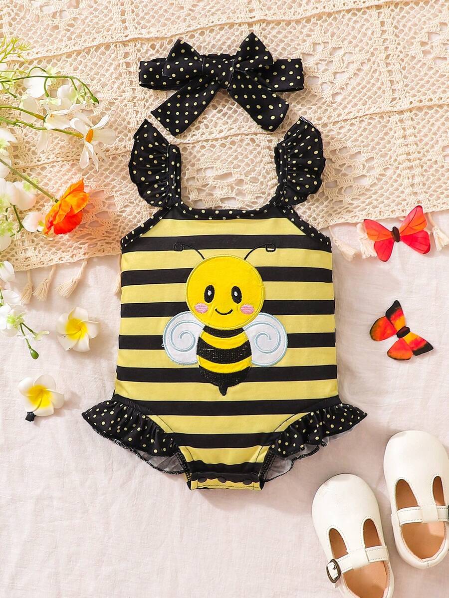 SHEIN Bebé Body disfraz de abeja & con estampado de rayas ribete con fruncido con banda cabeza - Multicolor - Ver 1