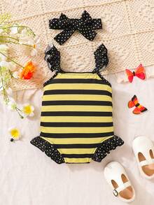 SHEIN Bebé Body disfraz de abeja & con estampado de rayas ribete con fruncido con banda cabeza - Multicolor - Ver 2