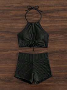 SHEIN Swim Plain Drawstring Tankini,Summer Beach