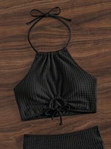SHEIN Swim Plain Drawstring Tankini,Summer Beach