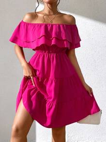 Chiquease 一字肩荷葉邊連衣裙 - 玫紅色 - 查看 5