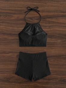 SHEIN Swim Plain Drawstring Tankini,Summer Beach