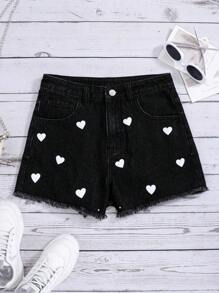 SHEIN 青少年女孩愛心圖案毛邊牛仔短褲 - 黑色 - 查看 1