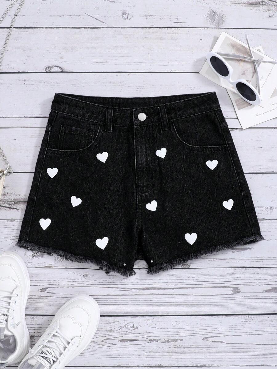 SHEIN 青少年女孩愛心圖案毛邊牛仔短褲 - 黑色 - 查看 1